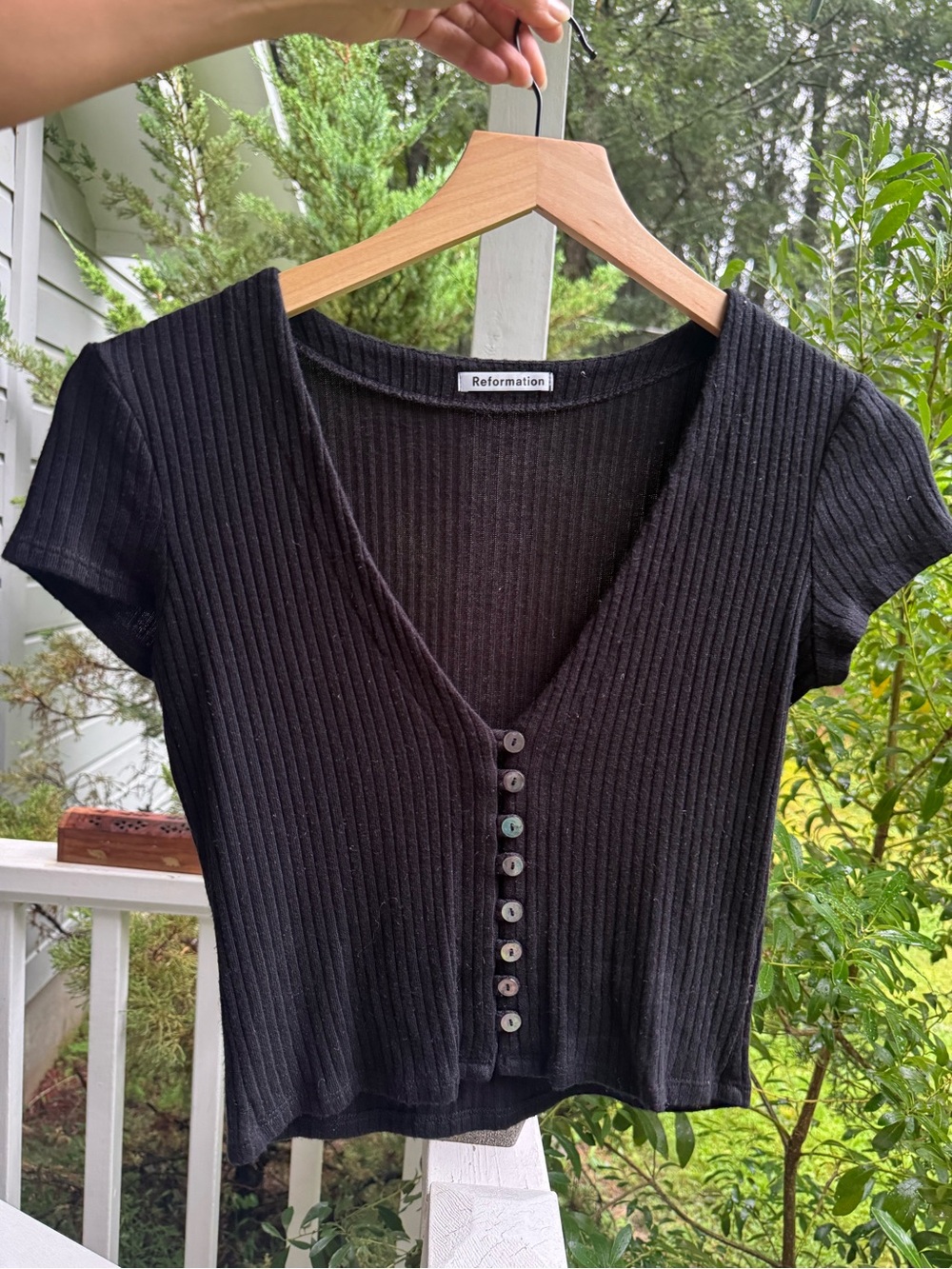 Reformation Black Ribbed Button-up Front V-Neck Cropped Top
